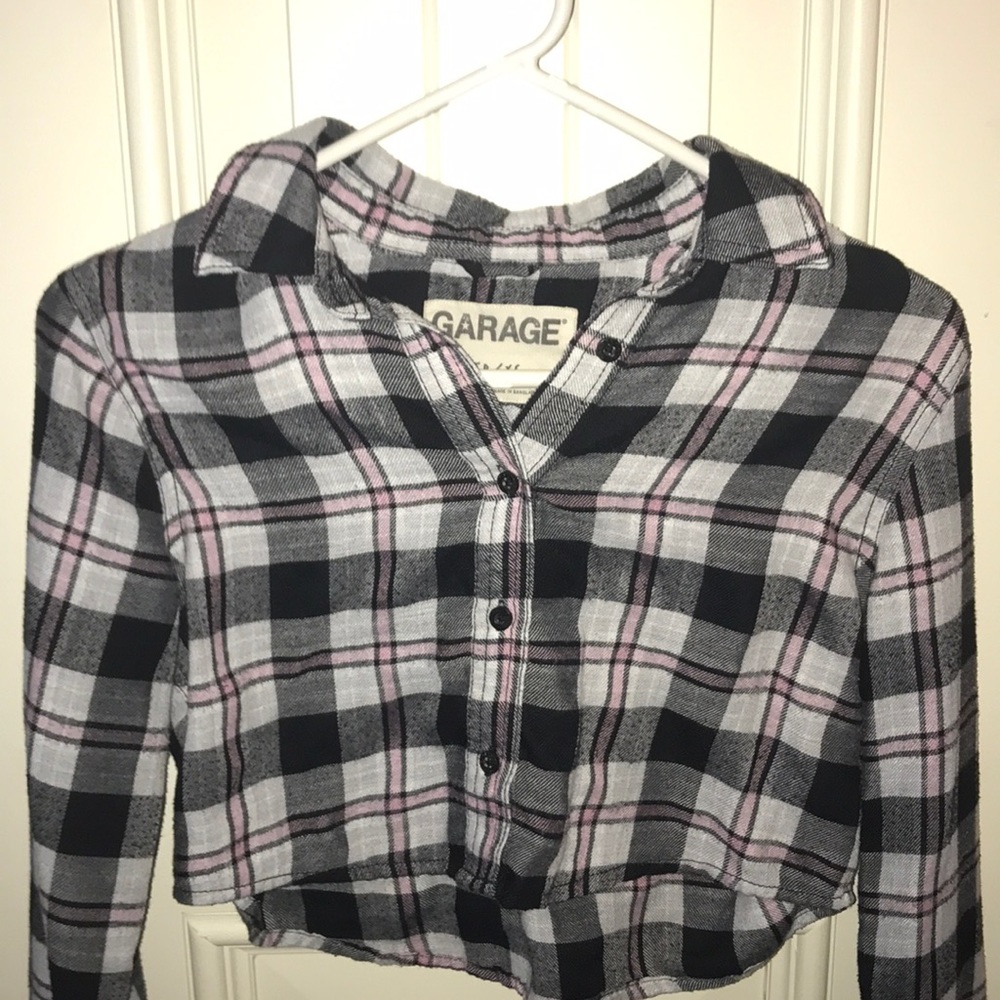 white black and pink plaid flannel crop top